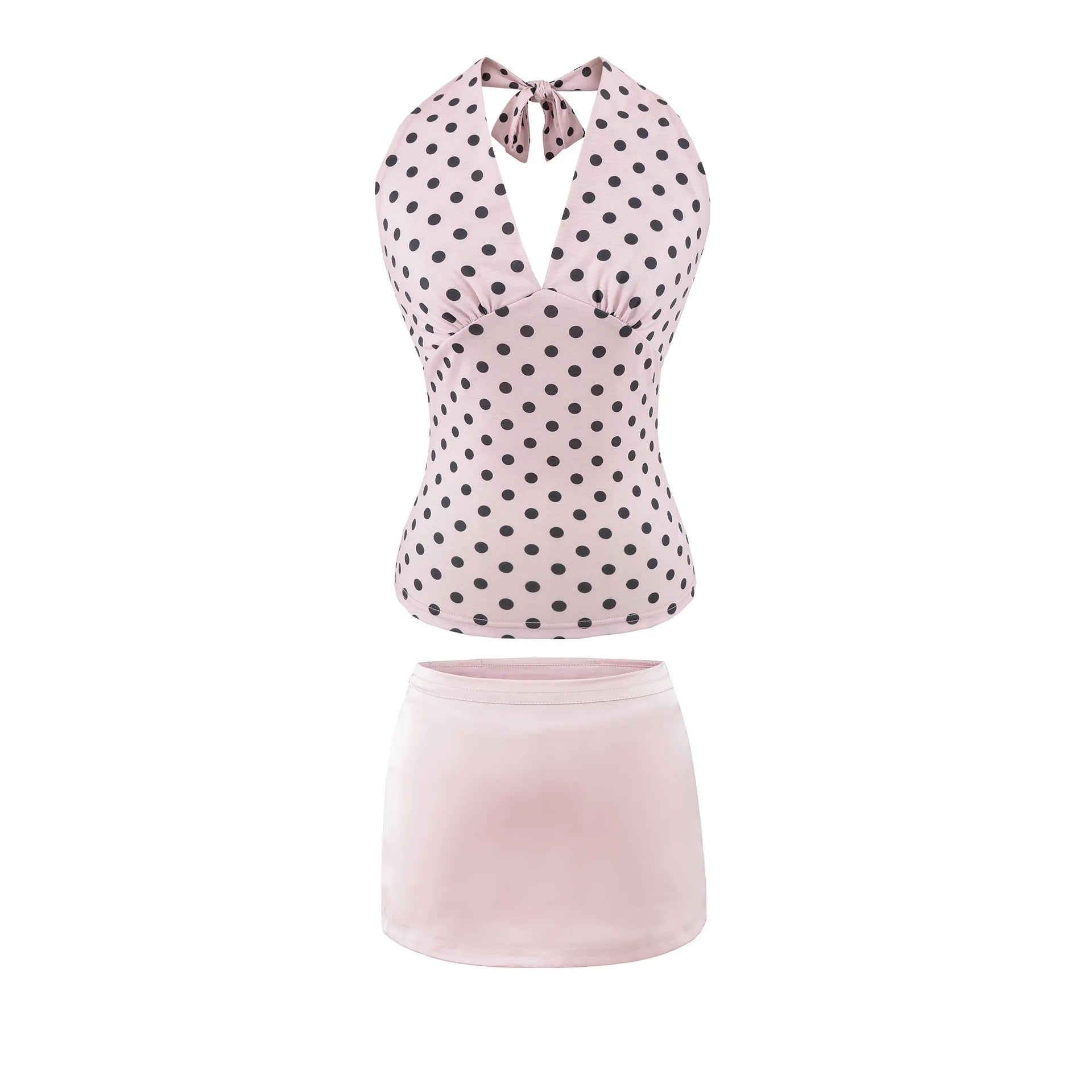 Hot Girl Spicy Two-Piece  Retro Polka Dot Necktie Top Satin High Waist Short Skirt Set
