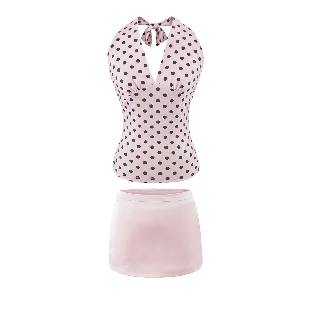 Hot Girl Spicy Two-Piece  Retro Polka Dot Necktie Top Satin High Waist Short Skirt Set