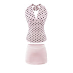 Hot Girl Spicy Two-Piece  Retro Polka Dot Necktie Top Satin High Waist Short Skirt Set