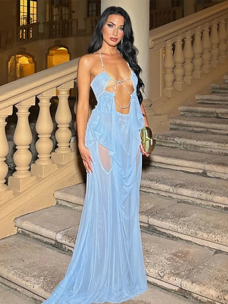 Sheer Halter Gown With Chain Detailing Backless Sleeveless