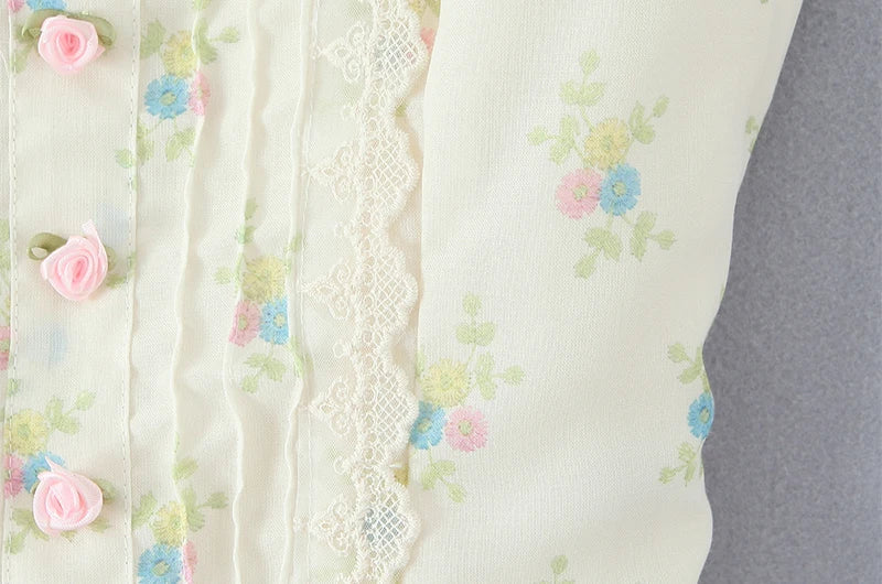 Sweet Floral Print Chic Lace Short Blouses Vintage Square Collar Puff Sleeve Slim Shirt