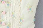 Sweet Floral Print Chic Lace Short Blouses Vintage Square Collar Puff Sleeve Slim Shirt