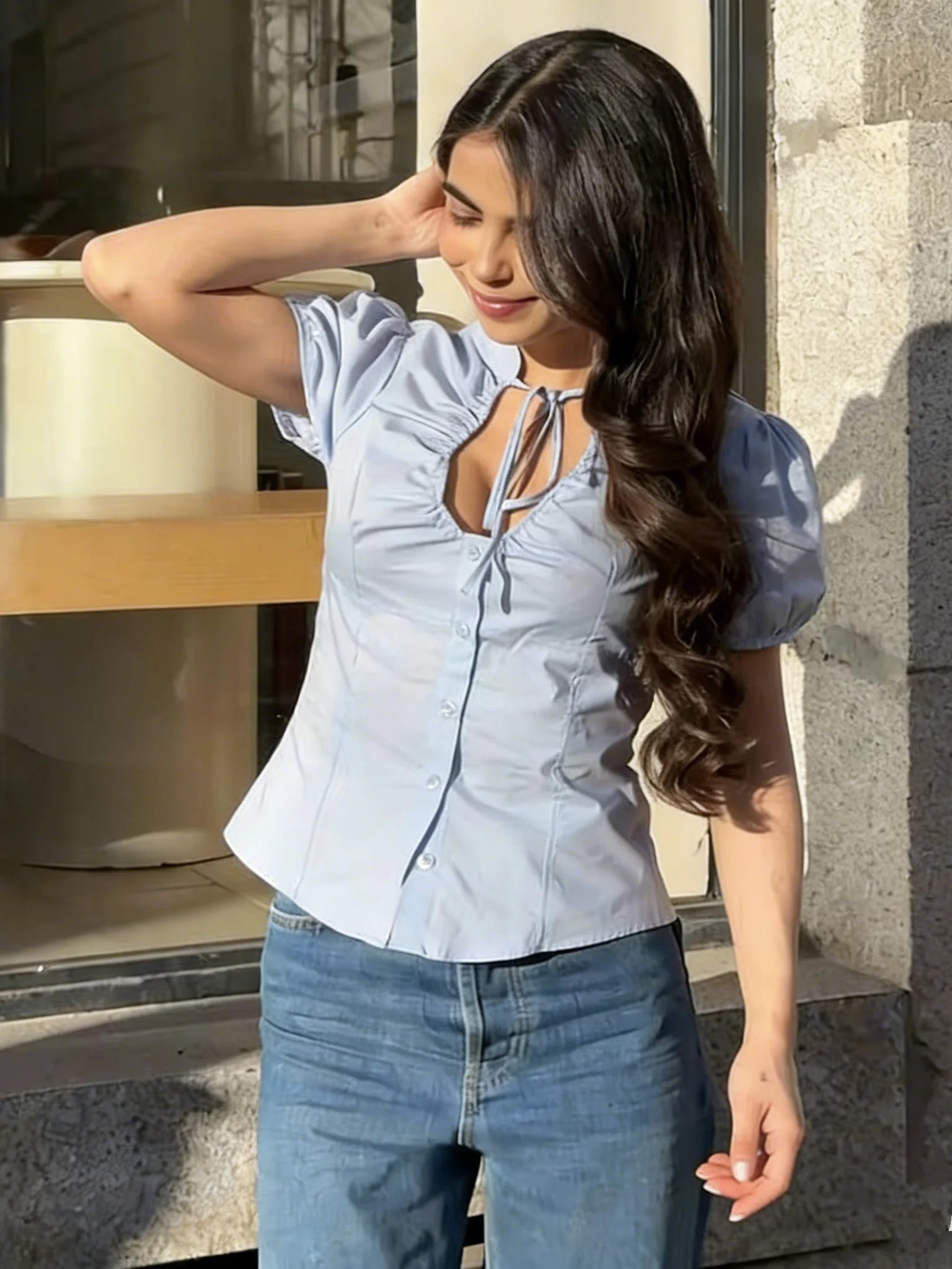 Lace Up Bow Puff Sleeve Crop Top With V Neck For Women