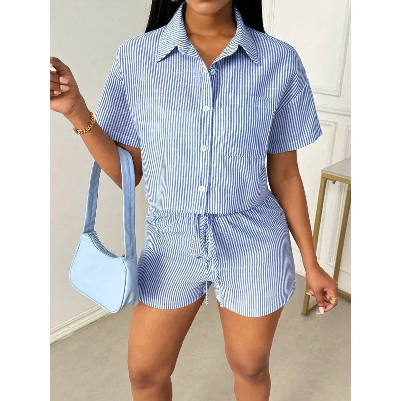 Striped Lapel Shirt And Shorts Two Piece Set