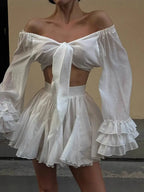 V Neck Lace Up Top Two Piece Set With Pleated Short Skirt For Modern Evening Elegance