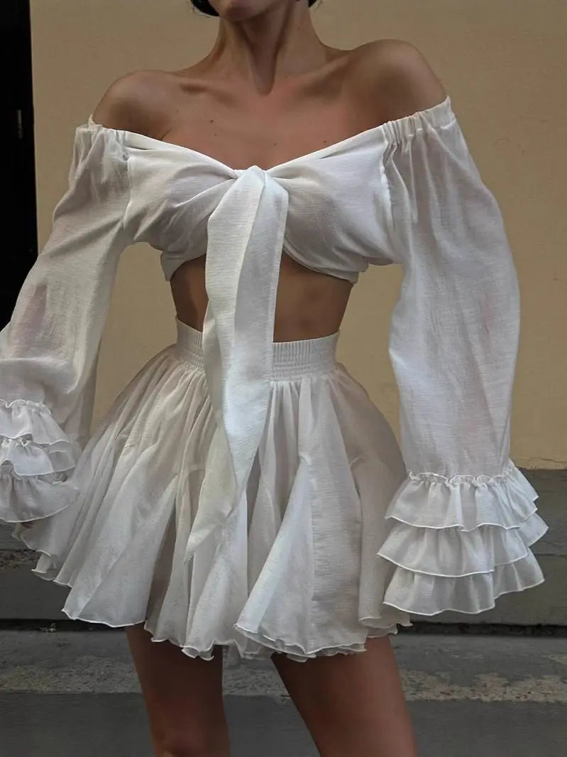 V Neck Lace Up Top Two Piece Set With Pleated Short Skirt For Modern Evening Elegance