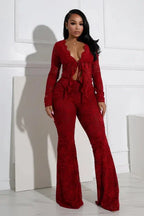 See Through Lace Set With Long Sleeve Top And Pants