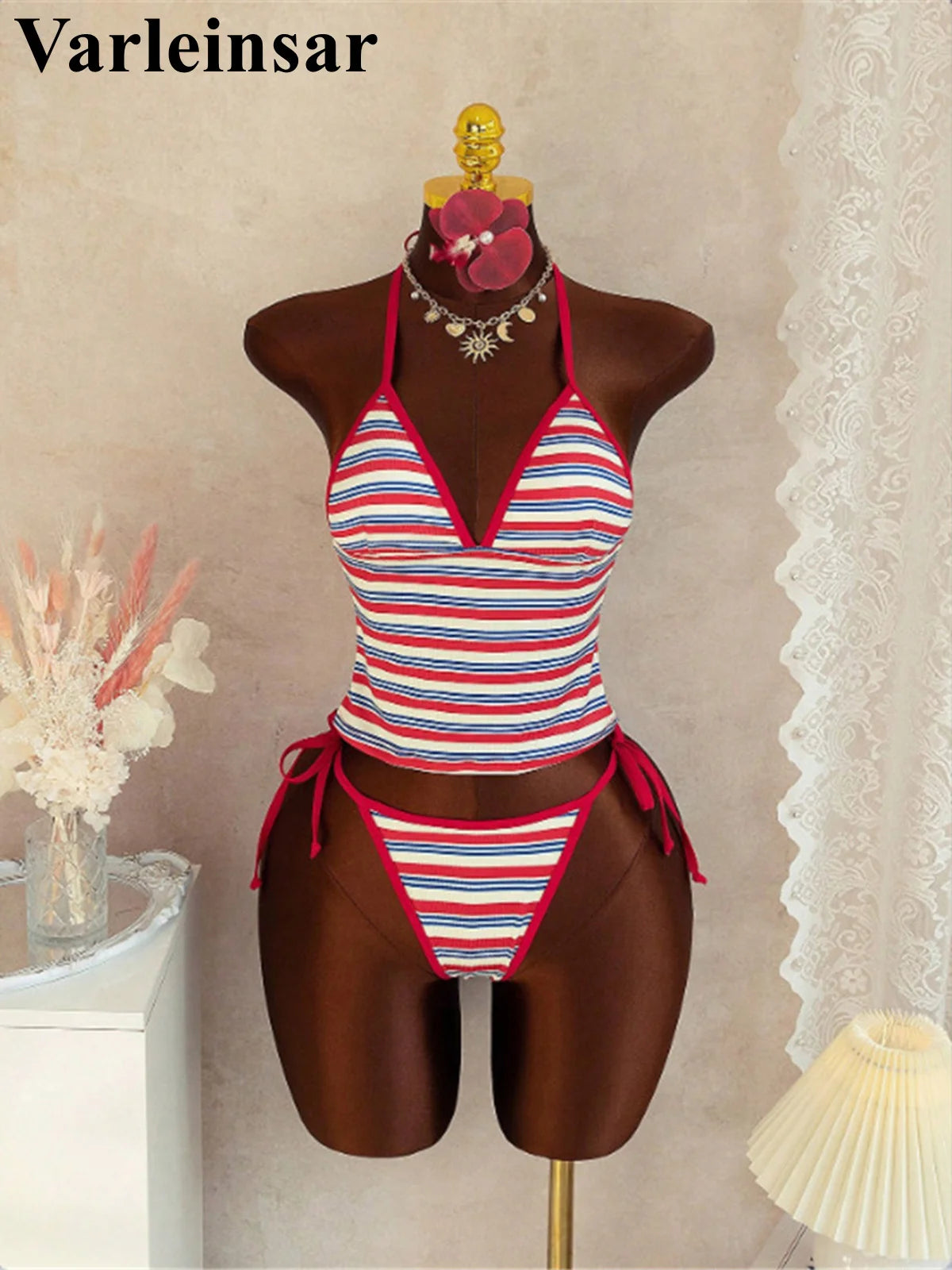 Striped V Neck Tankini Two Piece Bikini Halter Set