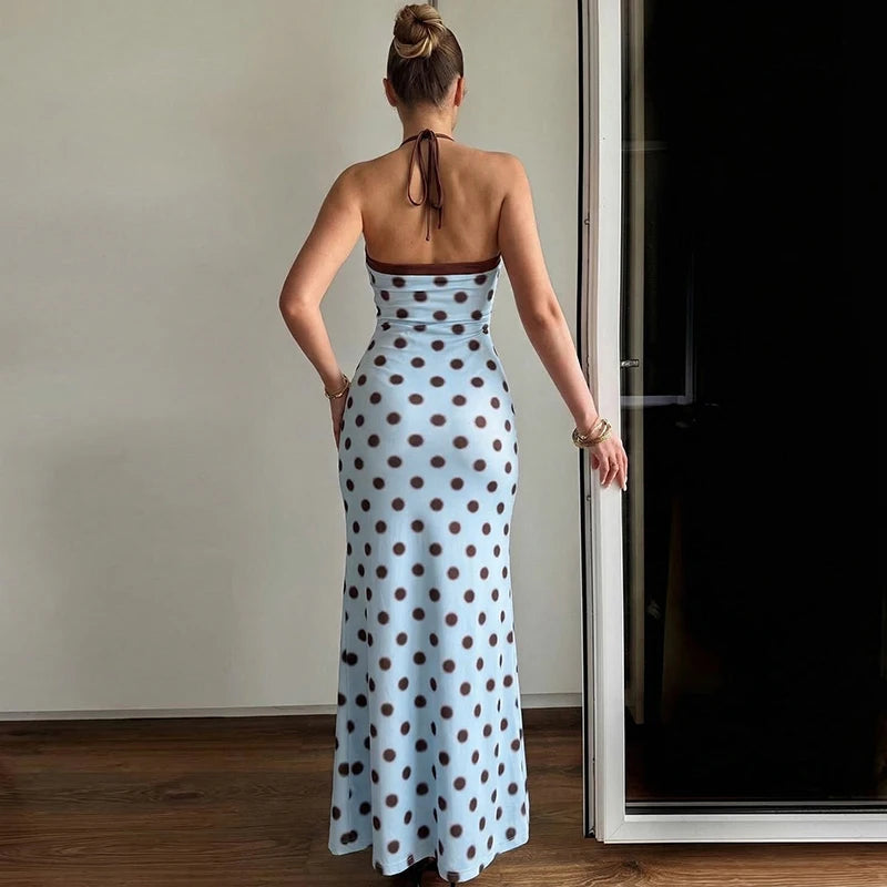 Blue Polka Dot Halter Maxi Dress For Women Color Block Backless Lace Up