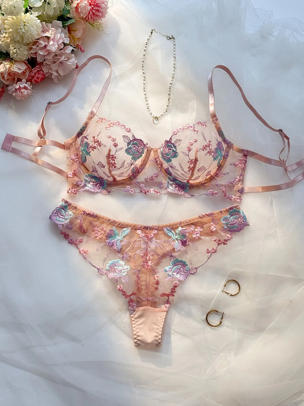 Pastel Pink Embroidered Bra And Panties Set With Steel Ring