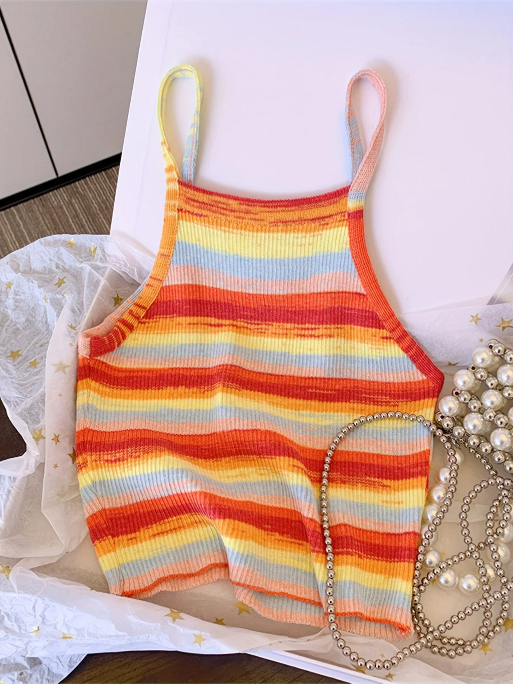 Striped Ribbed Knit Cami Top With Square Neck Sleeveless Rainbow Crop
