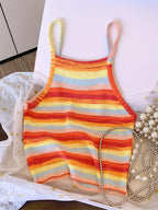 Striped Ribbed Knit Cami Top With Square Neck Sleeveless Rainbow Crop