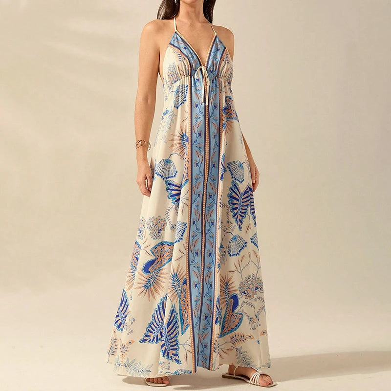 Boho Chic Patterned Suspender Dress With Backless V Neck Pleated Beach Maxi