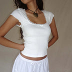 Vintage Cottagecore Knit Tee With Lace Trim And Square Neckline Milkmaid Crop Top