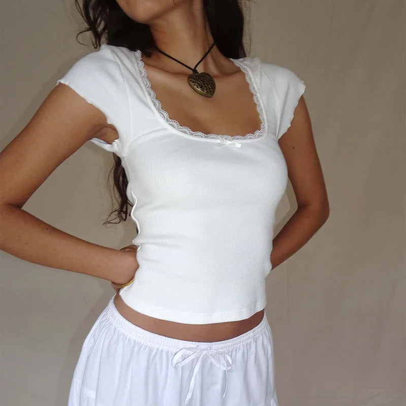 Vintage Cottagecore Knit Tee With Lace Trim And Square Neckline Milkmaid Crop Top