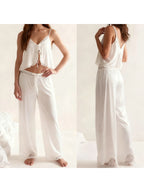 Satin Silk Pajamas Set Floral Lace Trim Tie Front Split Camisole Tops+ Straight Leg Pants 2Pcs Sleepwear