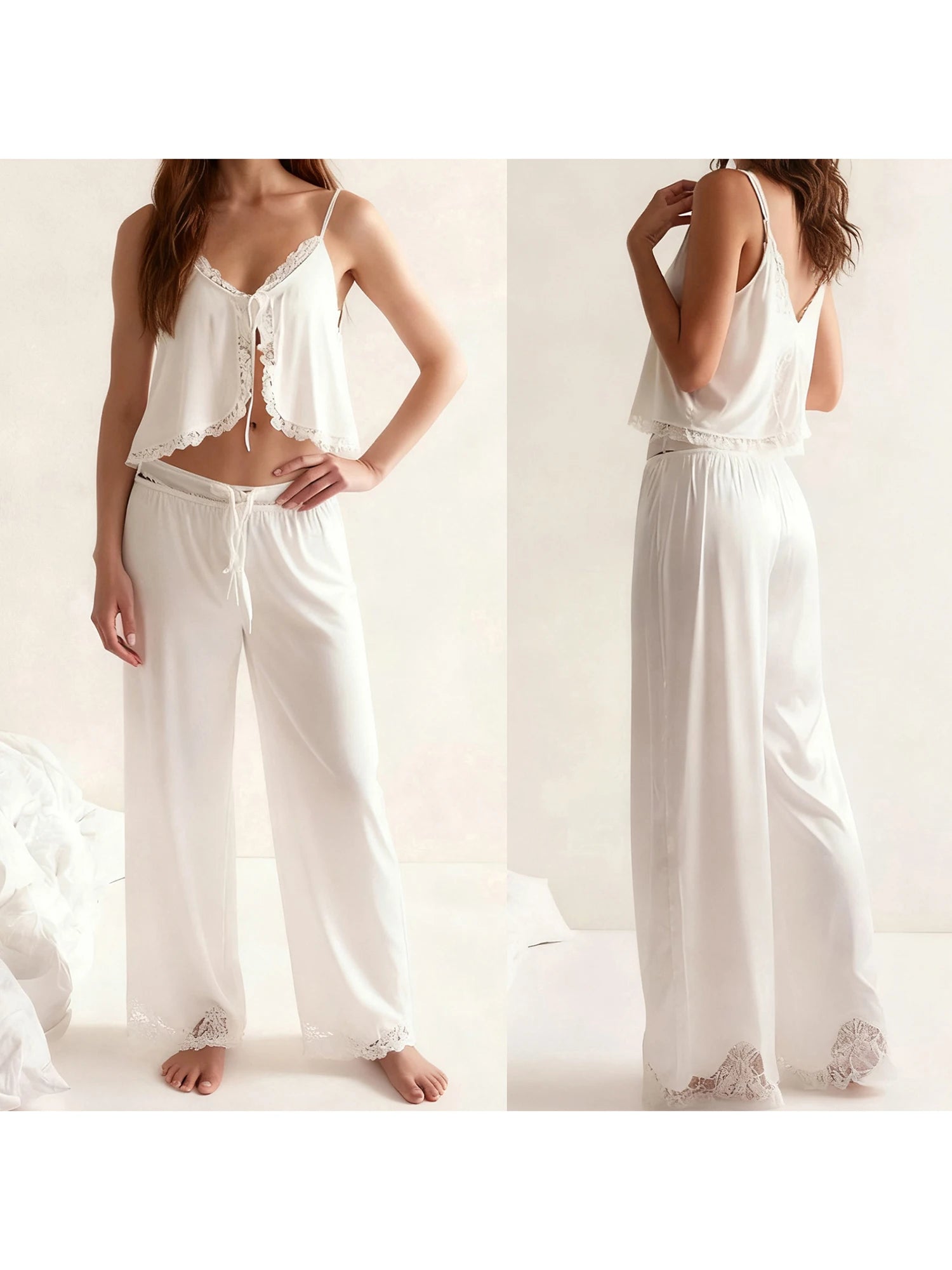 Satin Silk Pajamas Set Floral Lace Trim Tie Front Split Camisole Tops+ Straight Leg Pants 2Pcs Sleepwear
