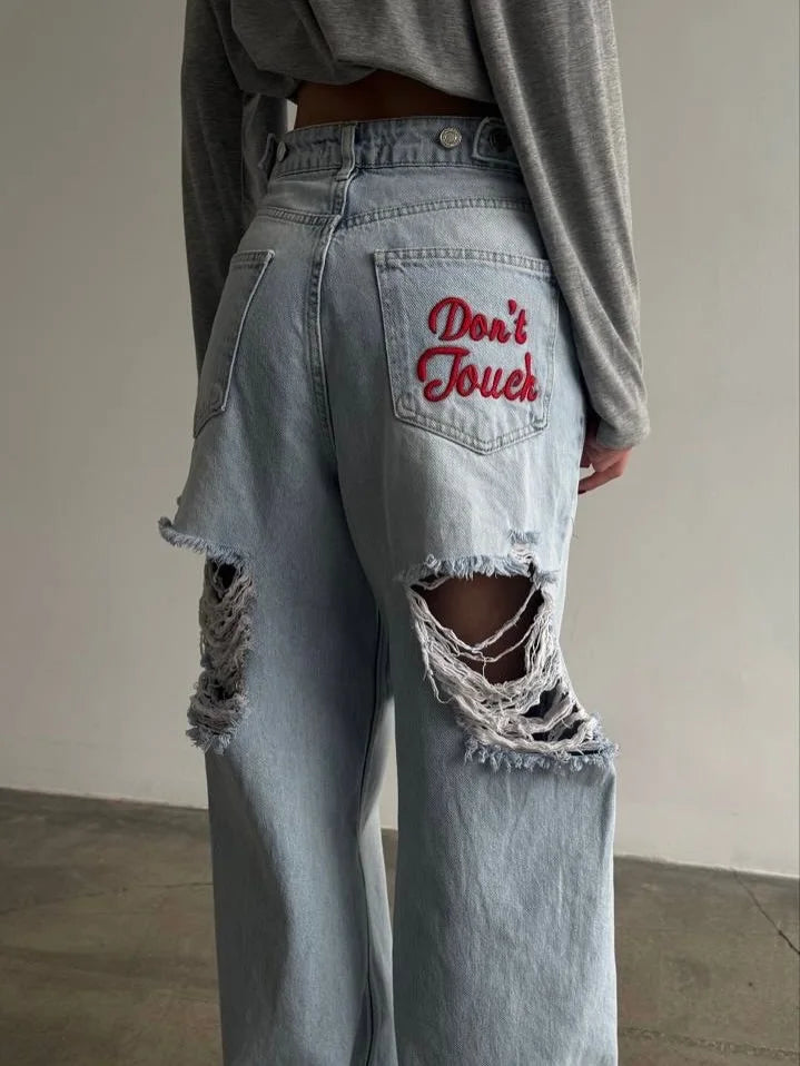 Vintage Vibe Embroidered Ripped High Waist Jeans Women