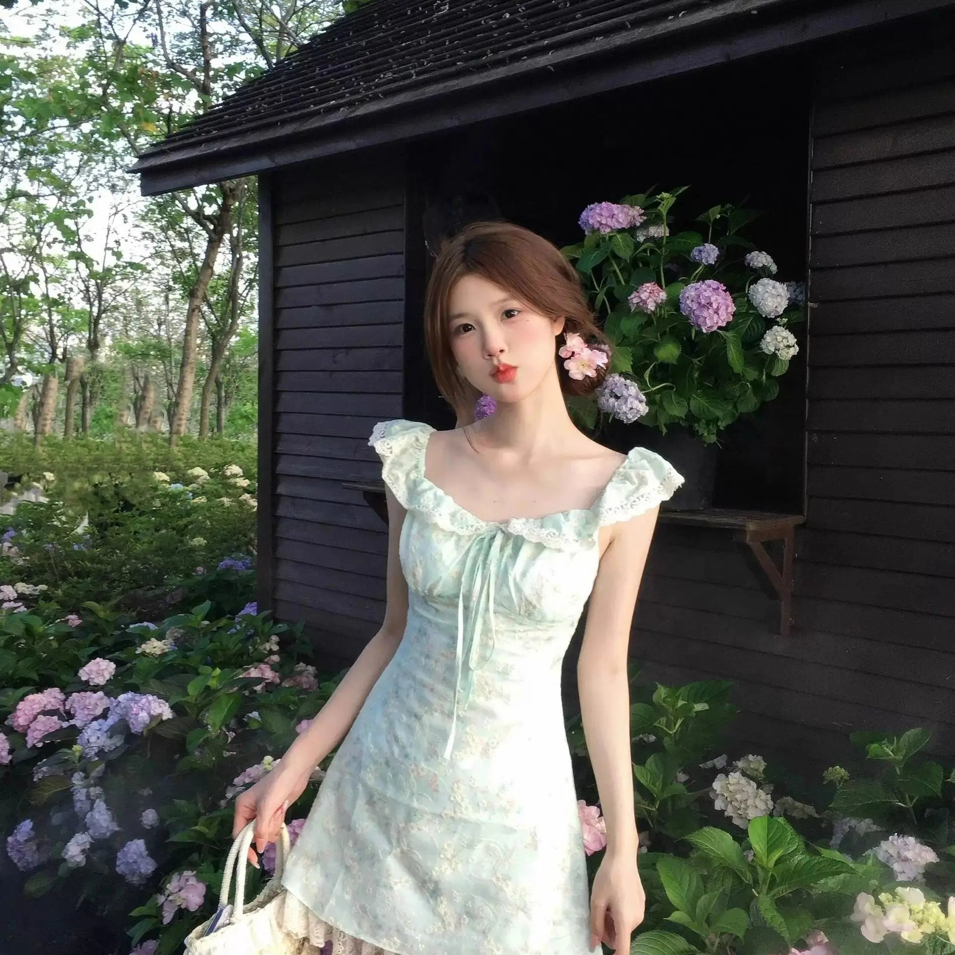 Pastel Green Floral Mini Dress With Ruffle Straps Sweetheart Neck Tie Front Cottagecore