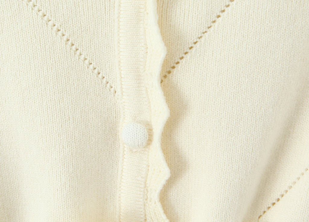 Hollow Crochet Knit Cropped Sweater in Beige and Red Long Sleeve Knit Top for Women