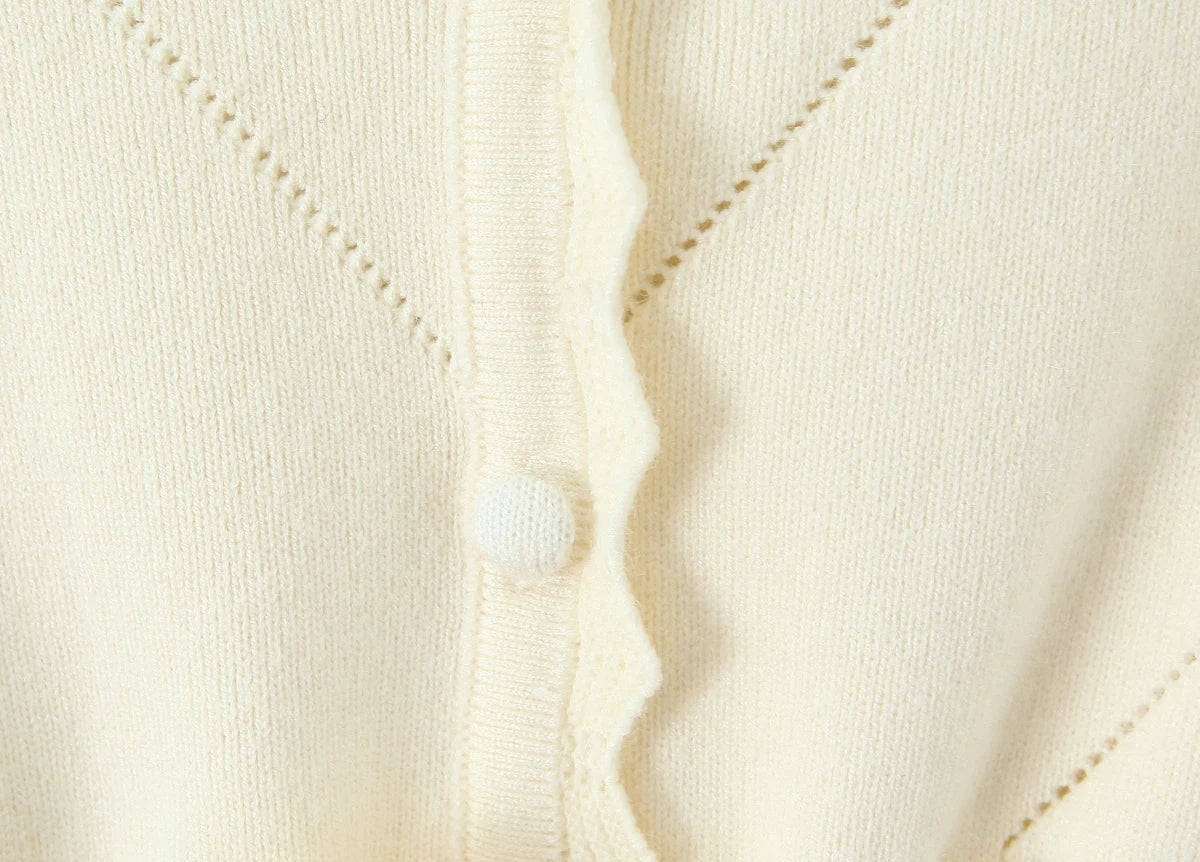 Hollow Crochet Knit Cropped Sweater in Beige and Red Long Sleeve Knit Top for Women