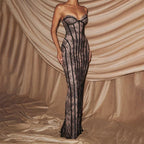 Elegant Backless Strapless Tulle Maxi Dress With Patchwork Print Off Shoulder Evening Gown