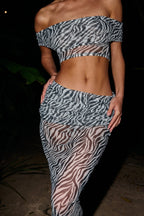 Mesh Two Piece l Set With Long Sleeve Backless Crop Top And Sheer Skirt