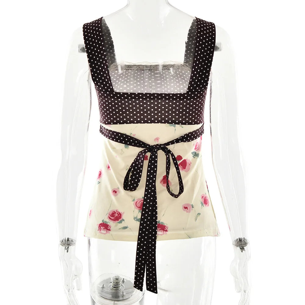 Patchwork Polka Dot Lace Camis Top With Square Collar Floral