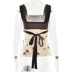 Patchwork Polka Dot Lace Camis Top With Square Collar Floral
