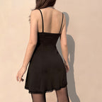 Gothic Kawaii Lace Trim Sleeveless V Neck Mini Dress With Bow Accent