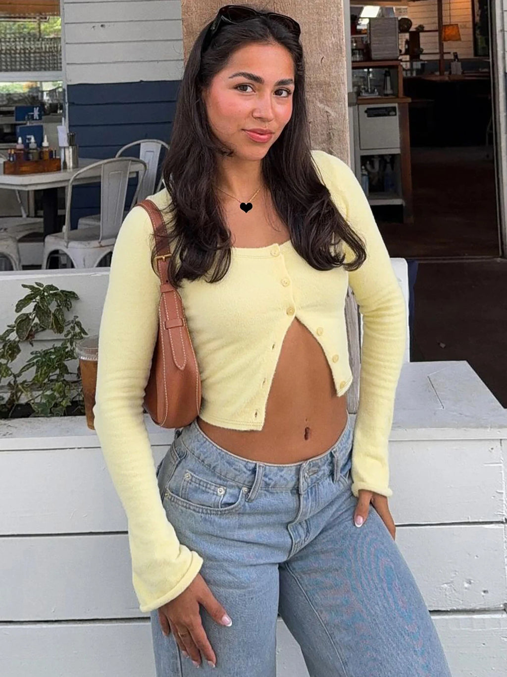 Square Collar Crop Top With Long Flare Sleeves And Button Details