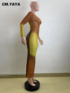 Long Maxi Dress With Skew Collar Full Sleeves Mesh See Through