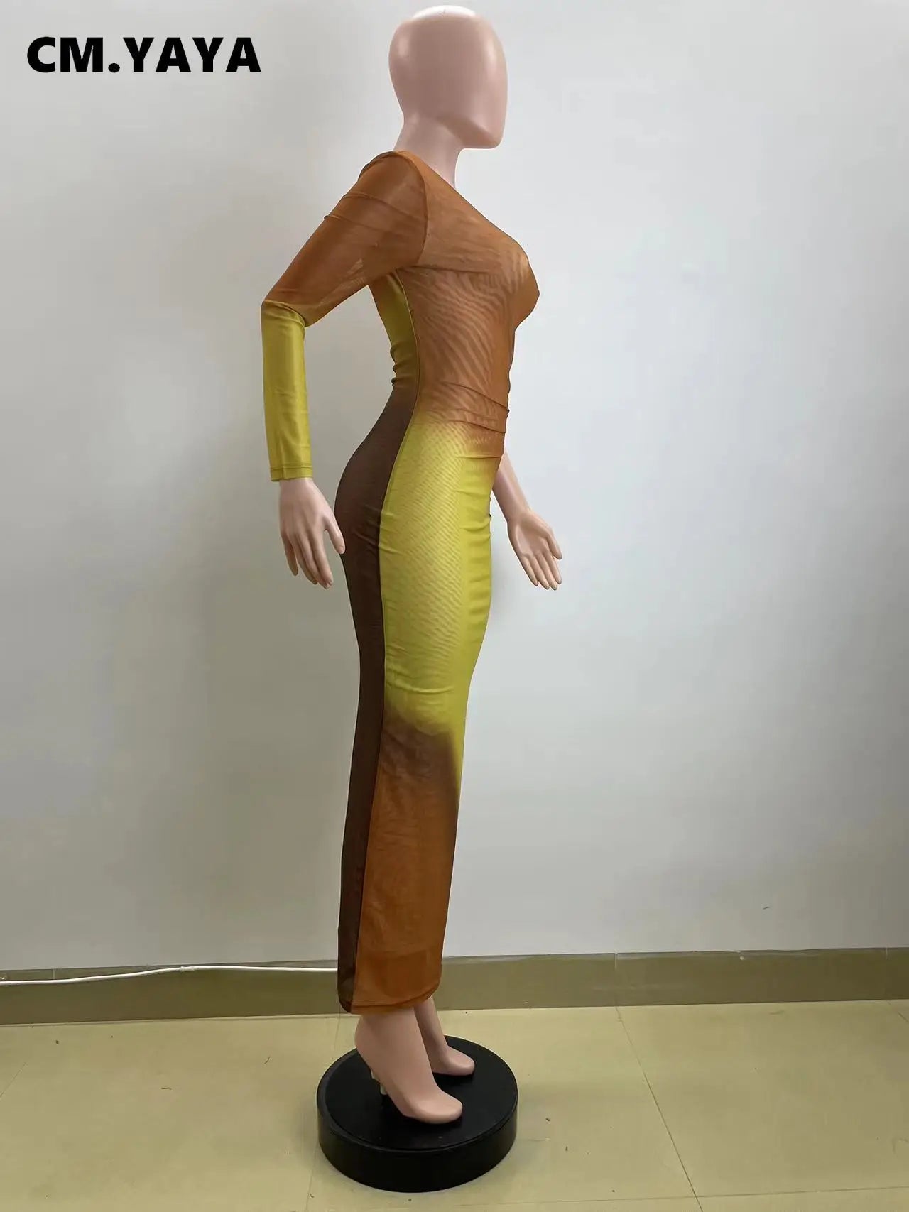 Long Maxi Dress With Skew Collar Full Sleeves Mesh See Through