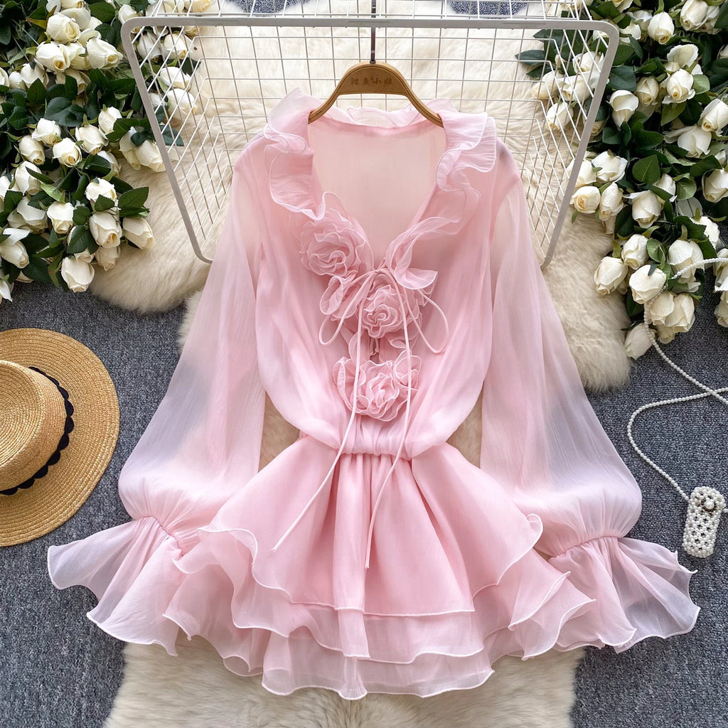 Boho 3D Floral Chiffon Sundress With Long Sleeves Lace Up Ruffle Detail