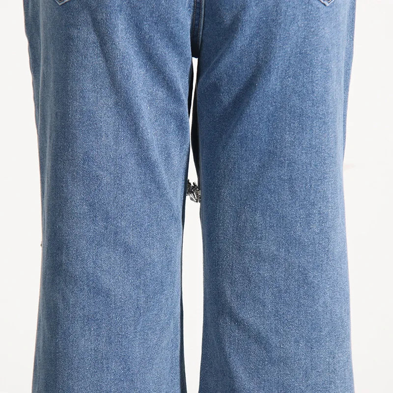 Glimmering Rhinestone Patchwork Denim With Loop Detail For A Chic Straight Leg Silhouette