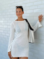 Seaside Sheer Beach Mini Dress With Ruffled Bell Sleeves Chic Vacation Cover Up Tunic