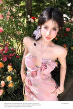 French Lace Trim Floral Neck Hanging Strap Dress