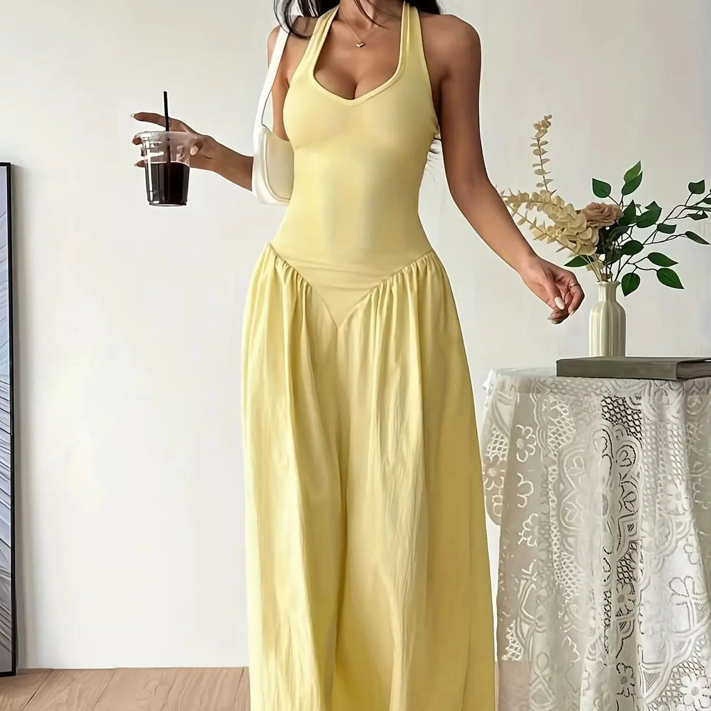 Yellow Halter Neck Maxi Dress Sleeveless Backless V Neck A Line