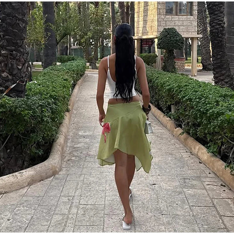 Soft Ruffle High Waist Midi Skirt With Asymmetrical Hem
