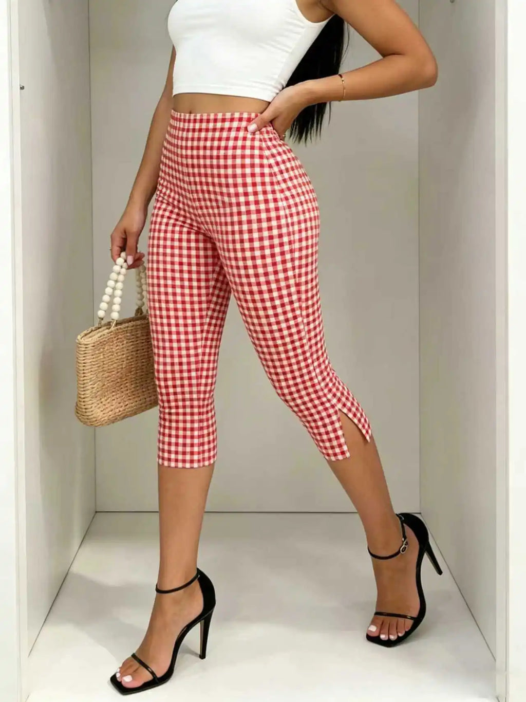 Red And White Checkered Capri Pants With Cuffed Hem Slim Fit Three Quarter Length