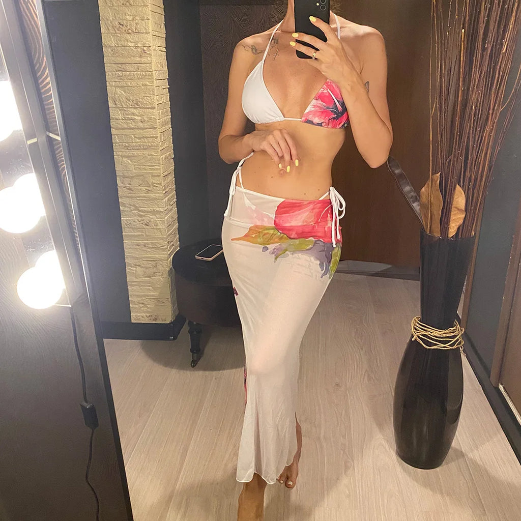 Flowers Printed With Skirt Halter Bikini Three-pieces Bikini set