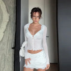 Elegant White Coords Set With Ruffled Trim Skirt And Long Sleeve Top