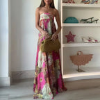 Off Shoulder Pleated Long Party Dress With Print