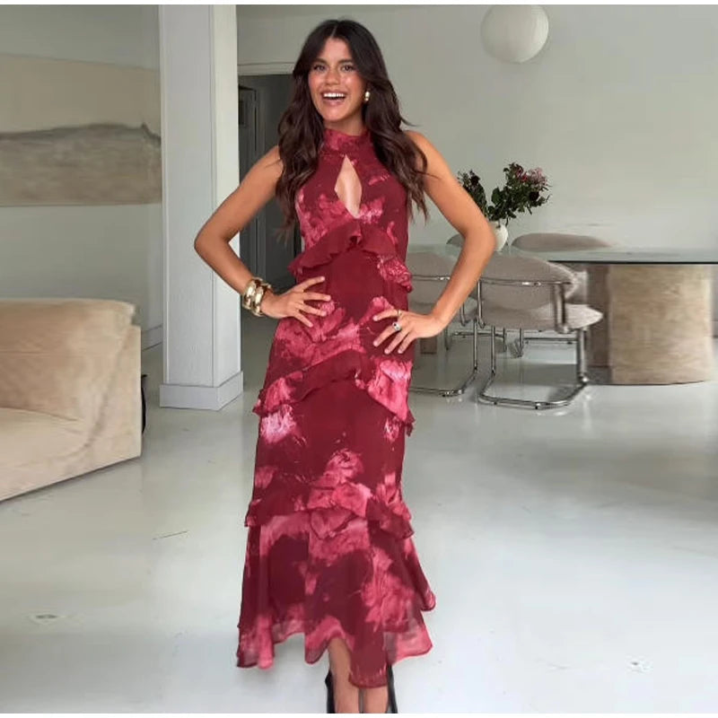 Boho Floral Halter Maxi Dress With Cutout And Tiered Ruffles Sleeveless