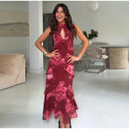 Boho Floral Halter Maxi Dress With Cutout And Tiered Ruffles Sleeveless