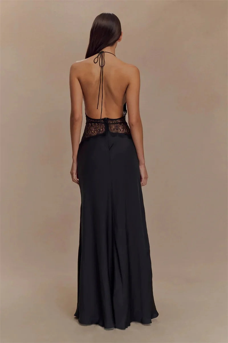 Backless Maxi Gown With Patchwork Lace Halter Neck Deep V And High Waist Elegance