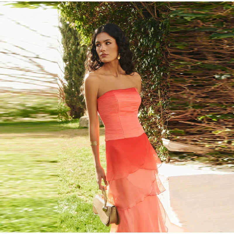 Gradient Flowy Chiffon Three Piece Set With Tube Top Tiered Skirt And Sheer Scarf