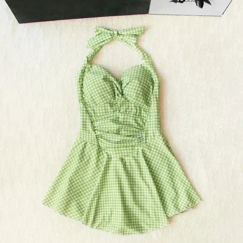 Plaid Backless Swim Dress With Halter Neck