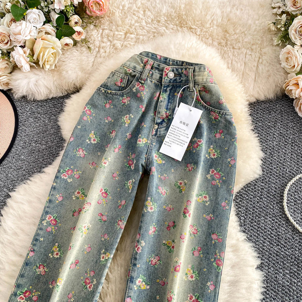 Floral Dream Denim Pants With Wide Leg Silhouette And High Waist