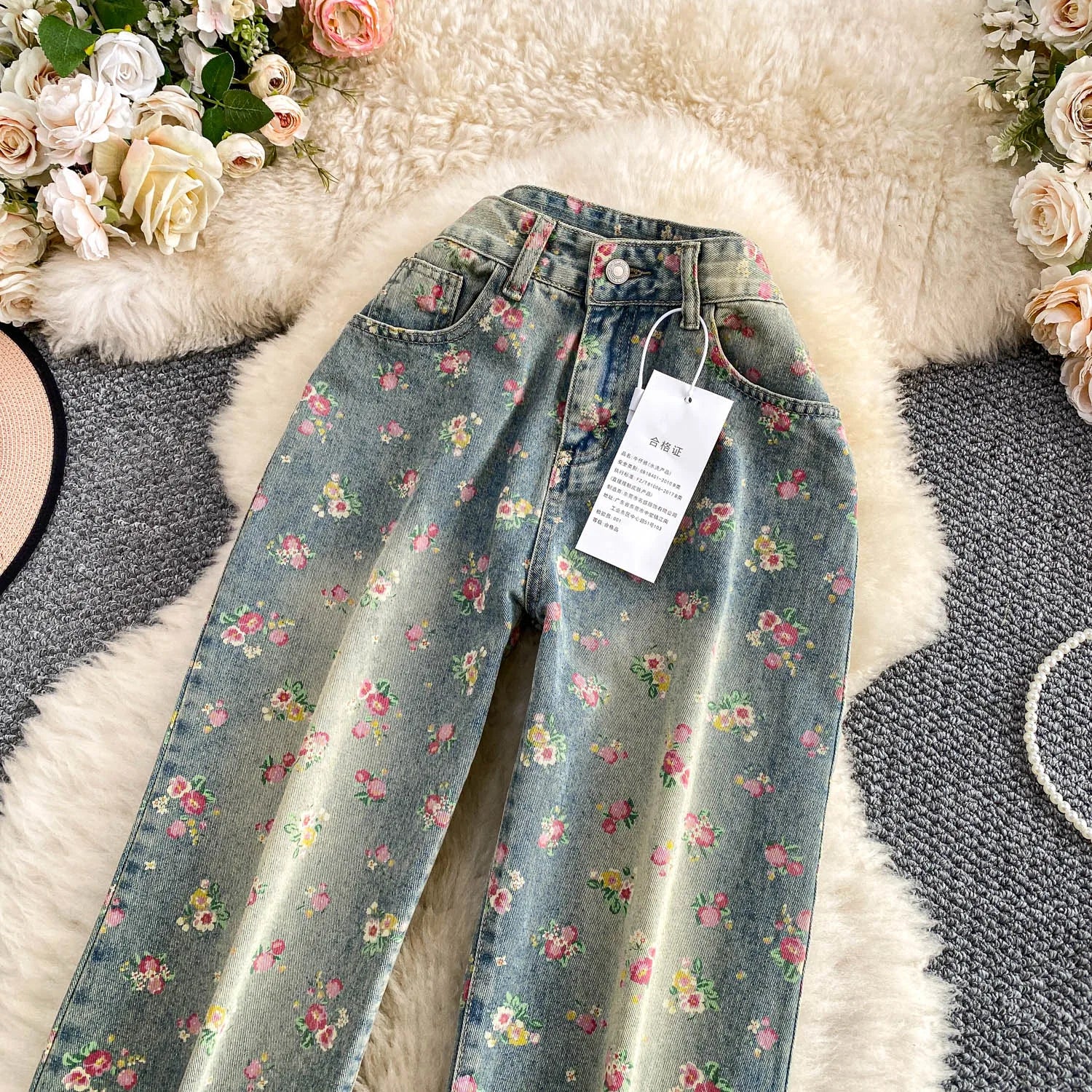 Floral Dream Denim Pants With Wide Leg Silhouette And High Waist
